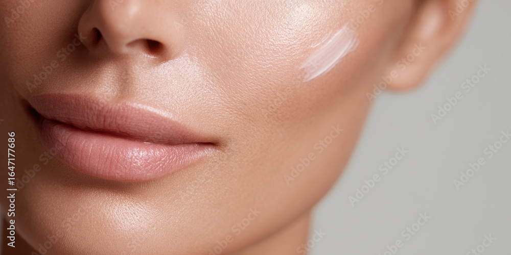 Obraz premium Close up of woman face with glowing skin and cream detail