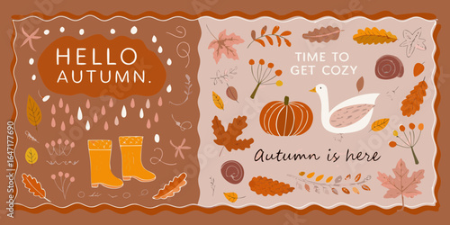 Cozy autumn vibes with pumpkins leaves and a goose