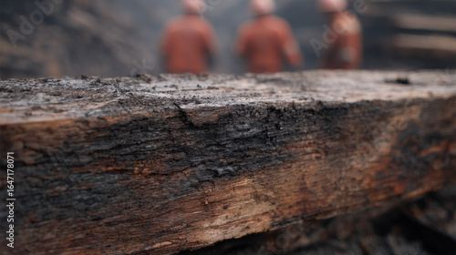 Wallpaper Mural Close up of burnt wood with workers in background Torontodigital.ca