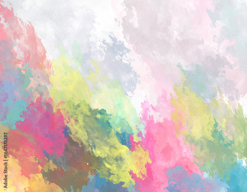 Fototapeta premium Vibrant, abstract watercolor painting featuring pinks, yellows, and blues on a textured white background, creating a playful yet sophisticated effect.