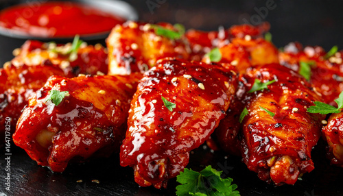 Close-up of glistening, flavorful chicken wings with a red sauce, garnished with herbs and seeds, served on a dark surface with a bowl of sauce in the background.