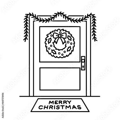 A Black and White Line Art Illustration of a Festive Front Door Decorated for Christmas with a Wreath, Garland, and a "Merry Christmas" Doormat, Perfect for Holiday Coloring Pages and Seasonal Designs