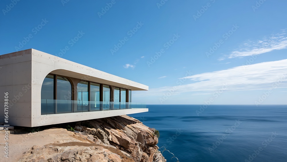 Modern Minimalist House on Cliffside Overlooking Ocean with Blue Sky and Architecture Design and Scenic Landscape Beauty Modern Minimalist House on Cliffside Overlooking Ocean with Blue Sky and Architecture Design and Scenic Landscape Beauty