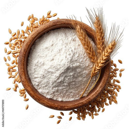 Wooden bowl of white flour with wheat sprigs