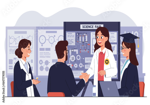 Female students presenting their scientific research project at a science fair. Young innovators explaining findings to a panel of judges.