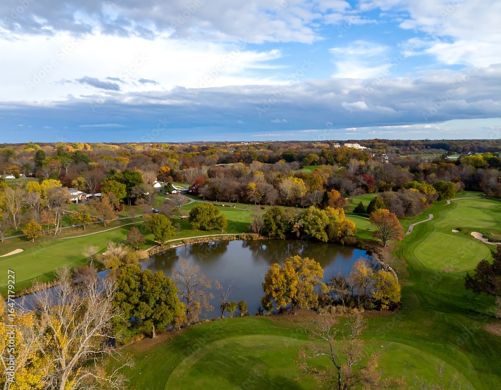 Fototapeta premium Autumn golf course aerial view