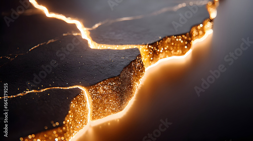 Stunning abstract crack with glowing golden glitter and light, symbolizing luxury and transformation