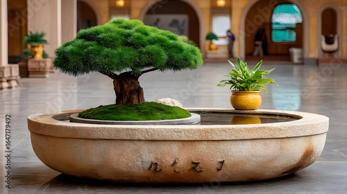 Serene Japanese garden bonsai tree and small plant in tranquil water feature, creating peaceful ambiance