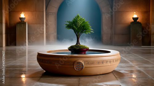 Serene bonsai tree thrives in ancient chamber with mystic mist and glowing torchlight