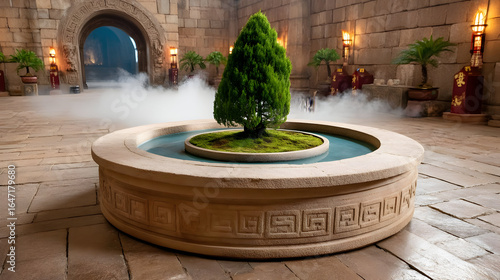 Serene ancient courtyard with tranquil water feature and lush greenery, evoking peace and timeless beauty.