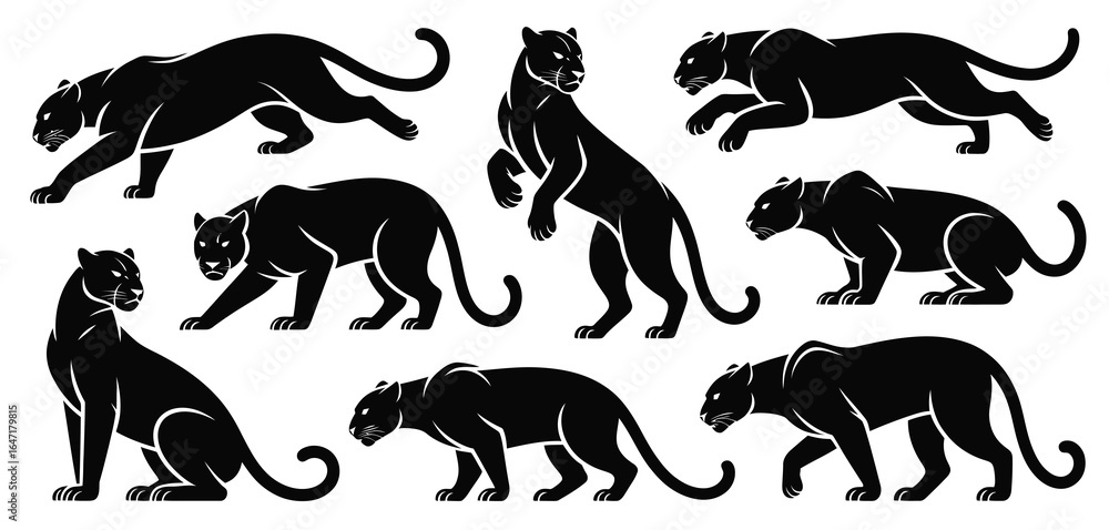 Obraz premium Collection of black panther silhouettes in various poses