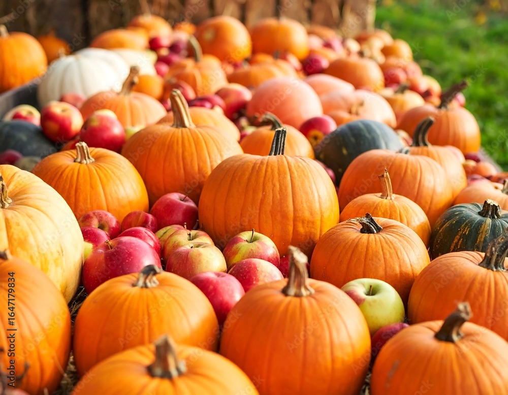 Autumn harvest display of pumpkins and apples Autumn harvest display of pumpkins and apples