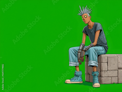 Futuristic teen with cybernetic arm and spiky hair sits thoughtfully against a vibrant green backdrop