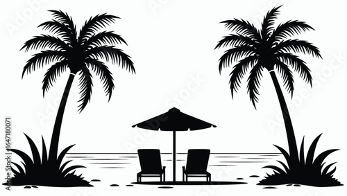 Two black lounge chairs under a beach umbrella between palm trees