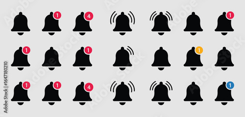 Collection of notification bell icons with red and yellow badges
