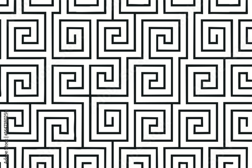 A striking seamless black and white geometric pattern with an elegant Greek key motif creates a versatile and modern visual texture for various designs.
