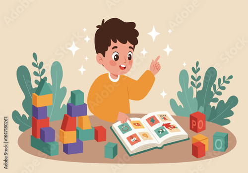 Child Playing with Blocks and Book