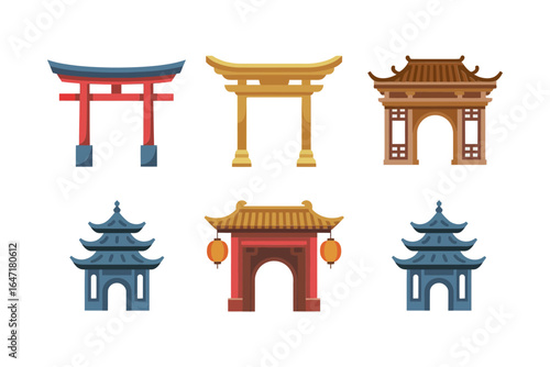 Japanese torii and chinese archway set, shrine gate icons, temple pavilion vector, east asian landmark illustration, traditional architecture design