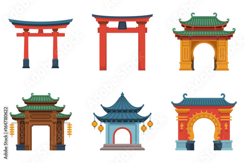 Oriental gate and pavilion collection, pagoda tower icons, temple entrance vector, cultural heritage illustration, tourism design elements