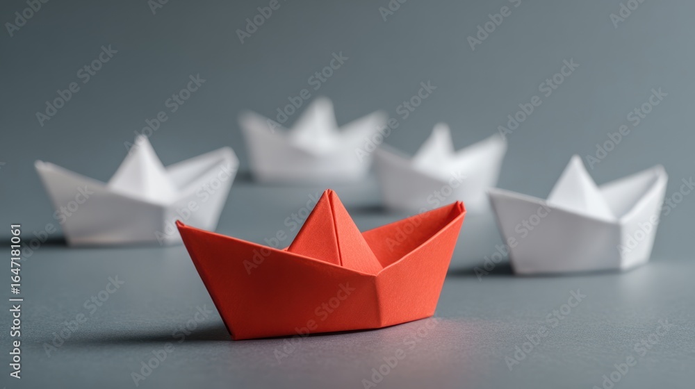 Naklejka premium Red Boat Leading the Way: A vibrant red origami boat confidently steers ahead, leading a fleet of pristine white paper boats, symbolizing leadership, innovation.