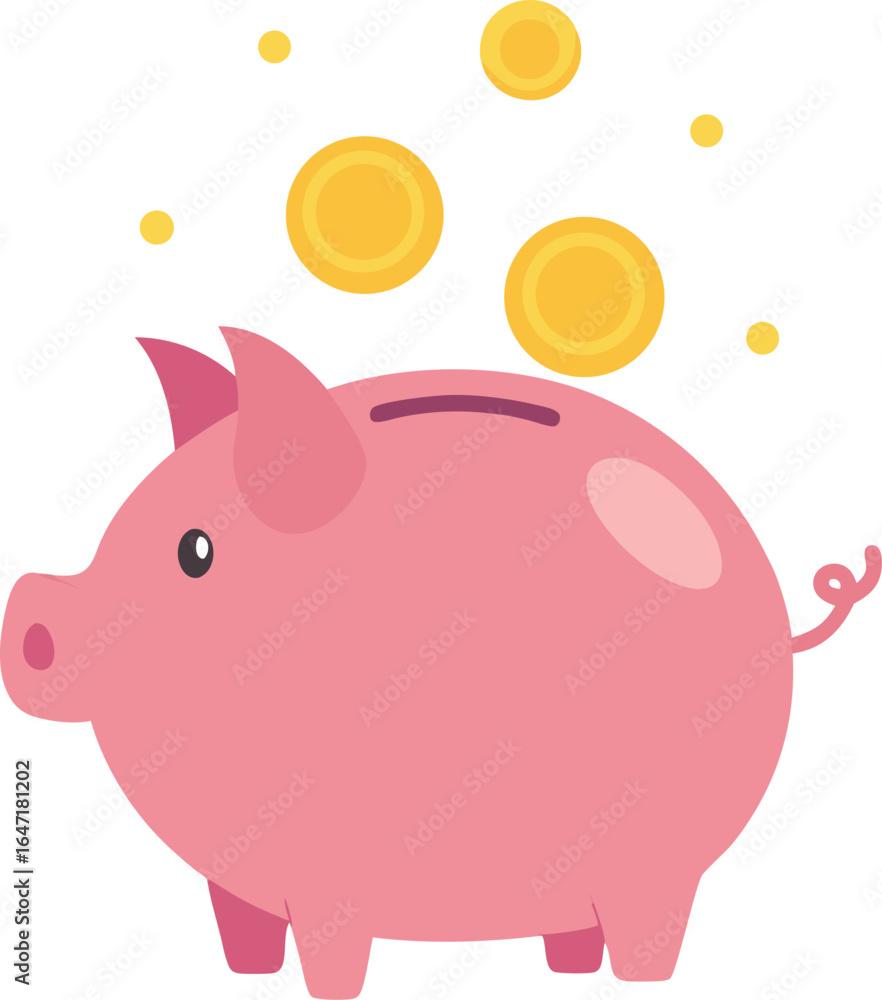 Fototapeta premium Piggy bank and coins, Pink Piggy Bank with Gold Coins Illustration on Transparent Background, illustration, vector, 