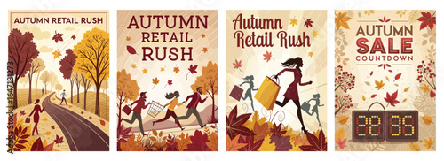 Colorful autumn-themed graphics highlighting retail rush and sales, featuring people shopping and falling leaves.