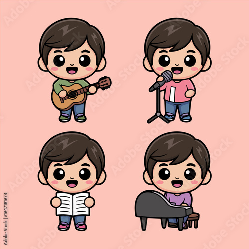 Cartoon boy performing music with guitar singing reading and playing piano on a pink background