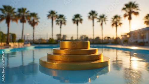 Golden tiered podium floats in a serene swimming pool surrounded by palm trees at sunset