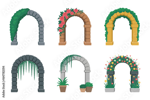 Garden arch and trellis icon set, stone and vine arches, landscape elements, flat vector collection