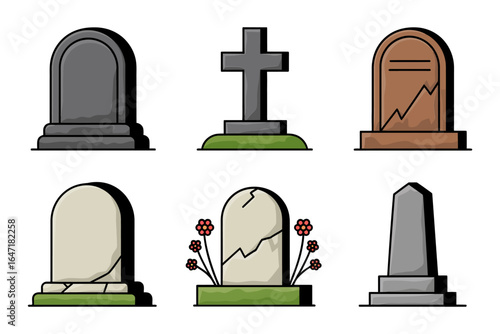 Cemetery headstone icon set, gravestone cross marker vector, cracked stone memorial illustration, spooky cemetery clipart, funeral monument design
