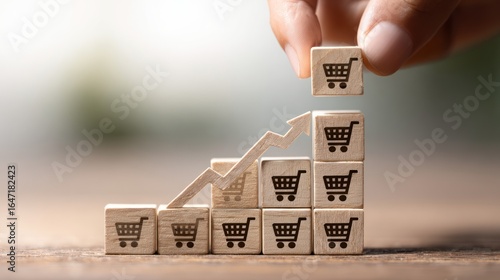 Rising Sales Trend: An upward arrow gracefully climbs a staircase formed by blocks adorned with shopping carts, symbolizing escalating sales figures and the dynamic growth of an organization.