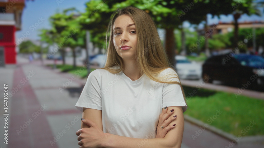 Naklejka premium Woman standing on a city street with arms crossed, surrounded by trees and buildings, showcasing serene and focused expression in an urban outdoor setting.