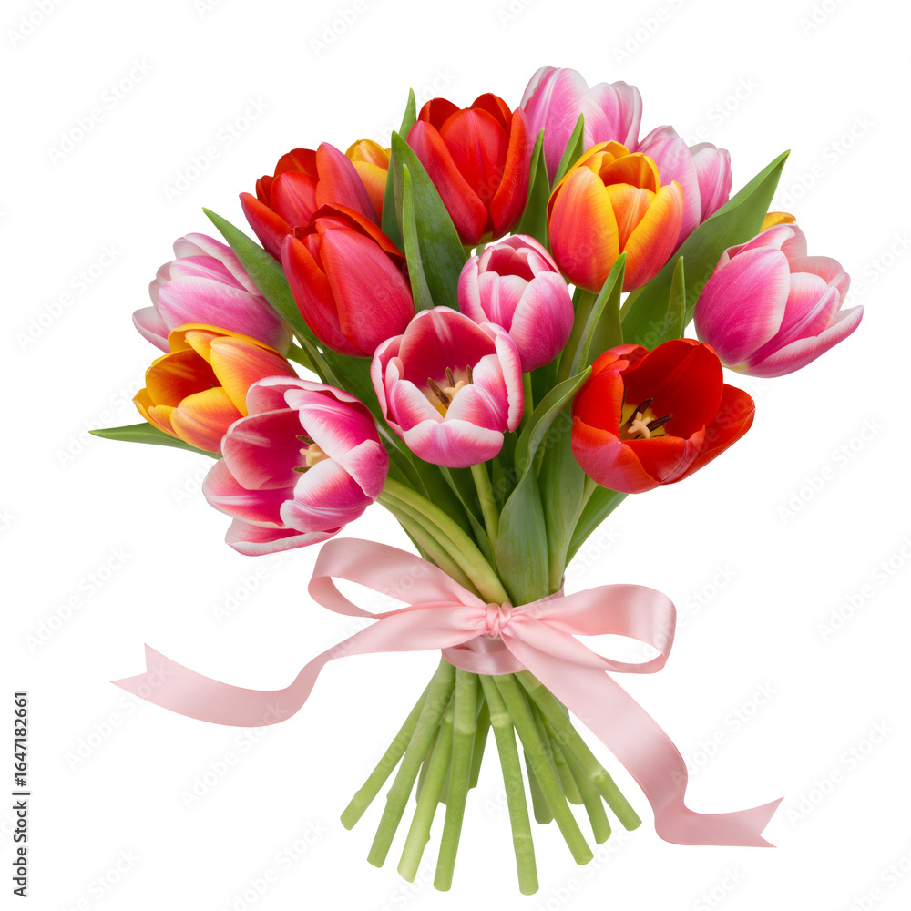 Fototapeta premium Vibrant Tulip Bouquet with Pink Ribbon