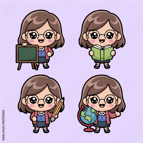 Four cute cartoon teachers with school objects on a light purple background in a square arrangement