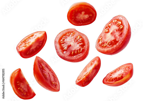 falling sliced tomato pieces isolated on white or transparent png