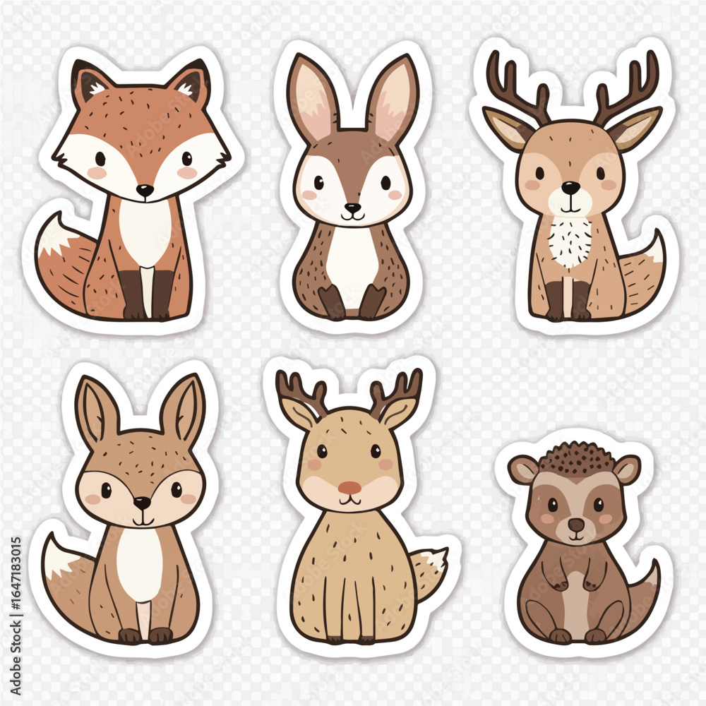 Collection of cute animal stickers featuring a fox rabbit deer and hedgehog on a white background Collection of cute animal stickers featuring a fox rabbit deer and hedgehog on a white background