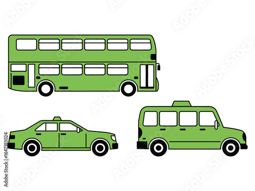 Illustrated green double decker bus and taxis representing urban public transport