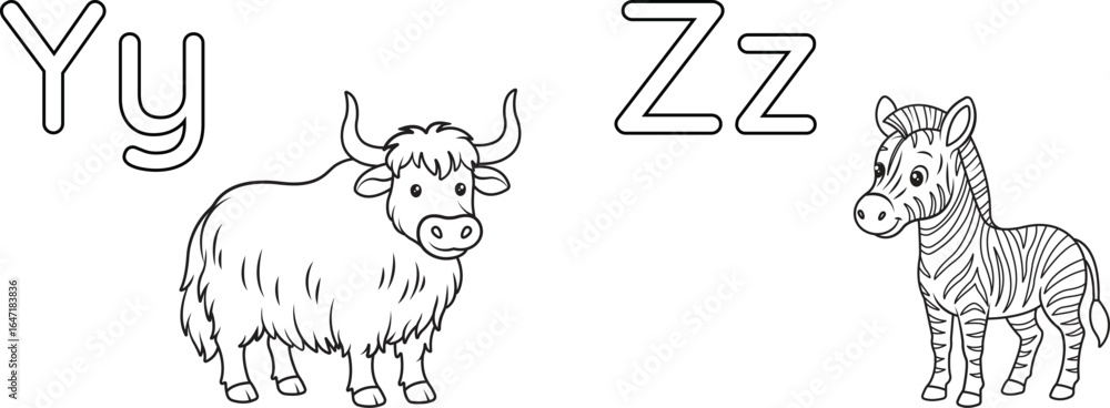Fototapeta premium Isolated Alphabet coloring page letters Y and Z, with zebra and yak. Good for preschool learning, early literacy activities, homeschooling, printable worksheets