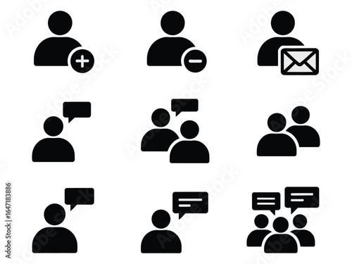 Black silhouette icons showing user profiles, social interactions, and chat communication