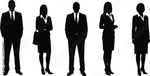 Business professionals silhouette team, corporate people standing in formal attire, leadership diversity concept, isolated on white background