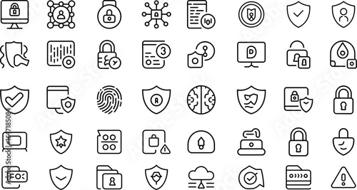 Cyber security line icon set, privacy, password, security, fingerprint, network, protect, risk,  confidential, safe, scan, server, software and more victor illastretion.