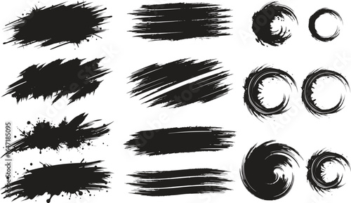 Bold hand-drawn dried brush strokes and grunge acrylic textures isolated on white background, featuring thick lines, stencil silhouettes, sketchy banners, ink splashes, and vintage distress