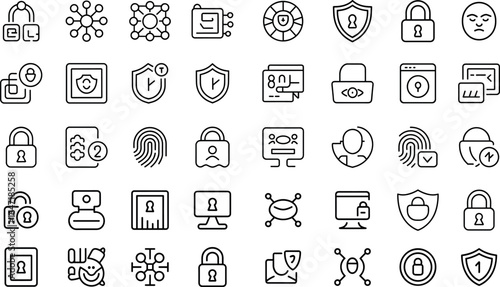 Cyber security line icon set, hacker, privacy, password, security, fingerprint, network, protect, risk private, confidential, safe, detective and more victor illastretion.