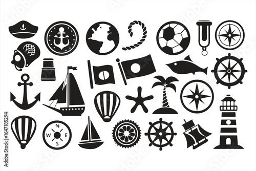 Collection of black vector travel icons and symbols, including a hat, tree, and holiday signs