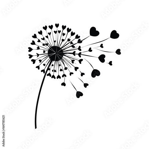Vector of a stylized dandelion with its seeds depicted as heart shapes being carried away by the wind. 