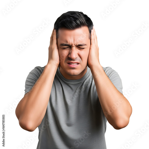 Man covering ears to block noise on white background