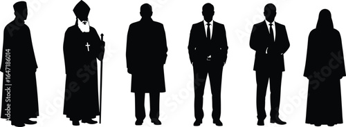 Silhouette of diverse people in religious and formal clothing, vector illustration, cultural diversity, business attire, traditional dress, community representation
