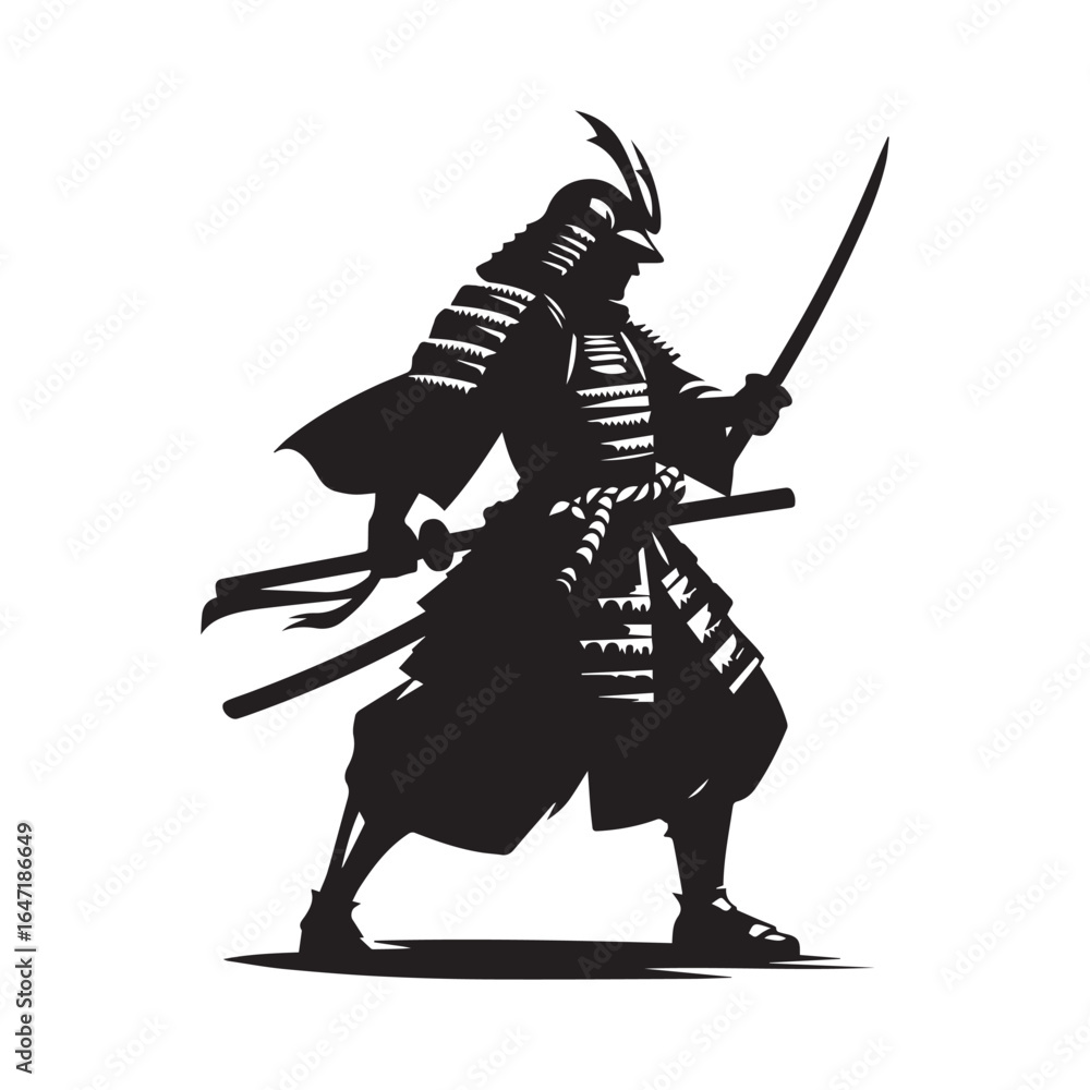 Obraz premium Samurai Standing Pose Silhouette | Historical Warrior Vector Art
