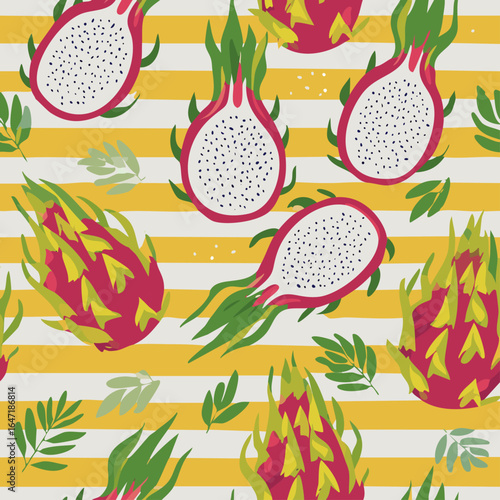 Seamless pattern with dragon fruits and tropical green leaves on a yellow and white striped background. Ideal for textiles, packaging, wallpaper, and summer decor