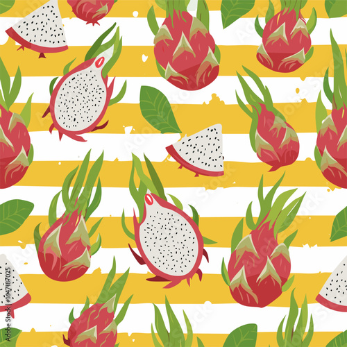 Seamless pattern with dragon fruits and tropical green leaves on a yellow and white striped background. Ideal for textiles, packaging, wallpaper, and summer decor